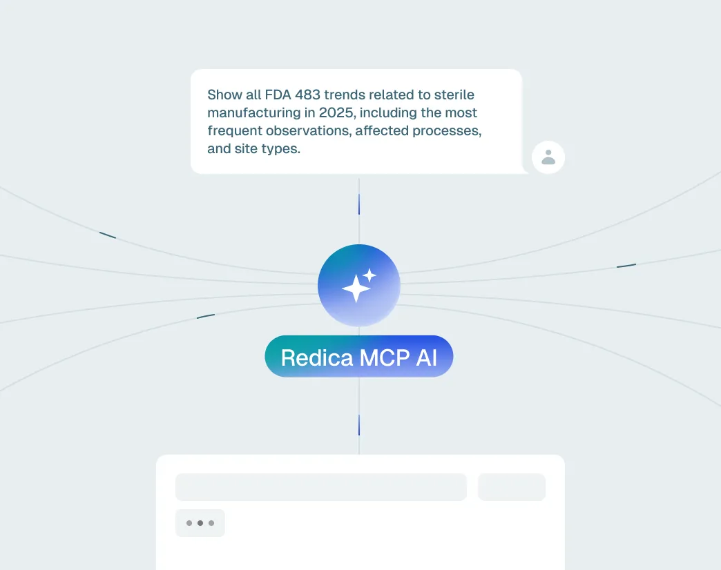 Interface showing a user query about FDA 483 trends in sterile manufacturing for 2025 directed to Redica MCP AI.