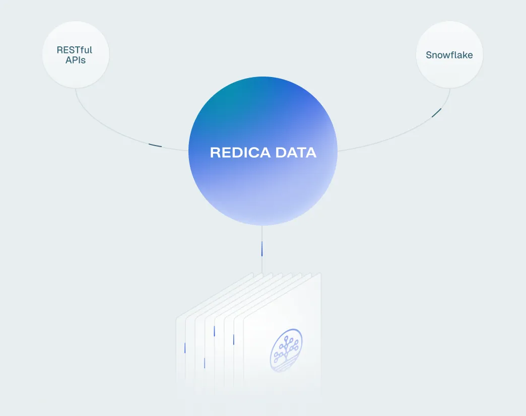 Diagram showing a central blue gradient circle labeled 'REDICA DATA' connected by lines to two smaller white circles labeled 'RESTful APIs' and 'Snowflake', with a stack of documents below the central circle.