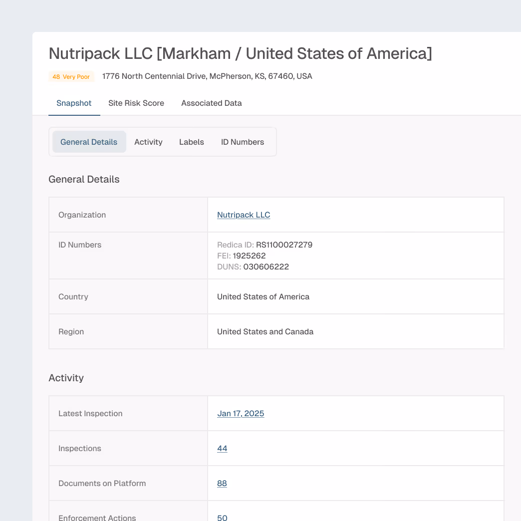 Company profile snapshot for Nutripack LLC in Markham, USA, showing address, site risk score, general details, and activity summary including inspections and documents count.