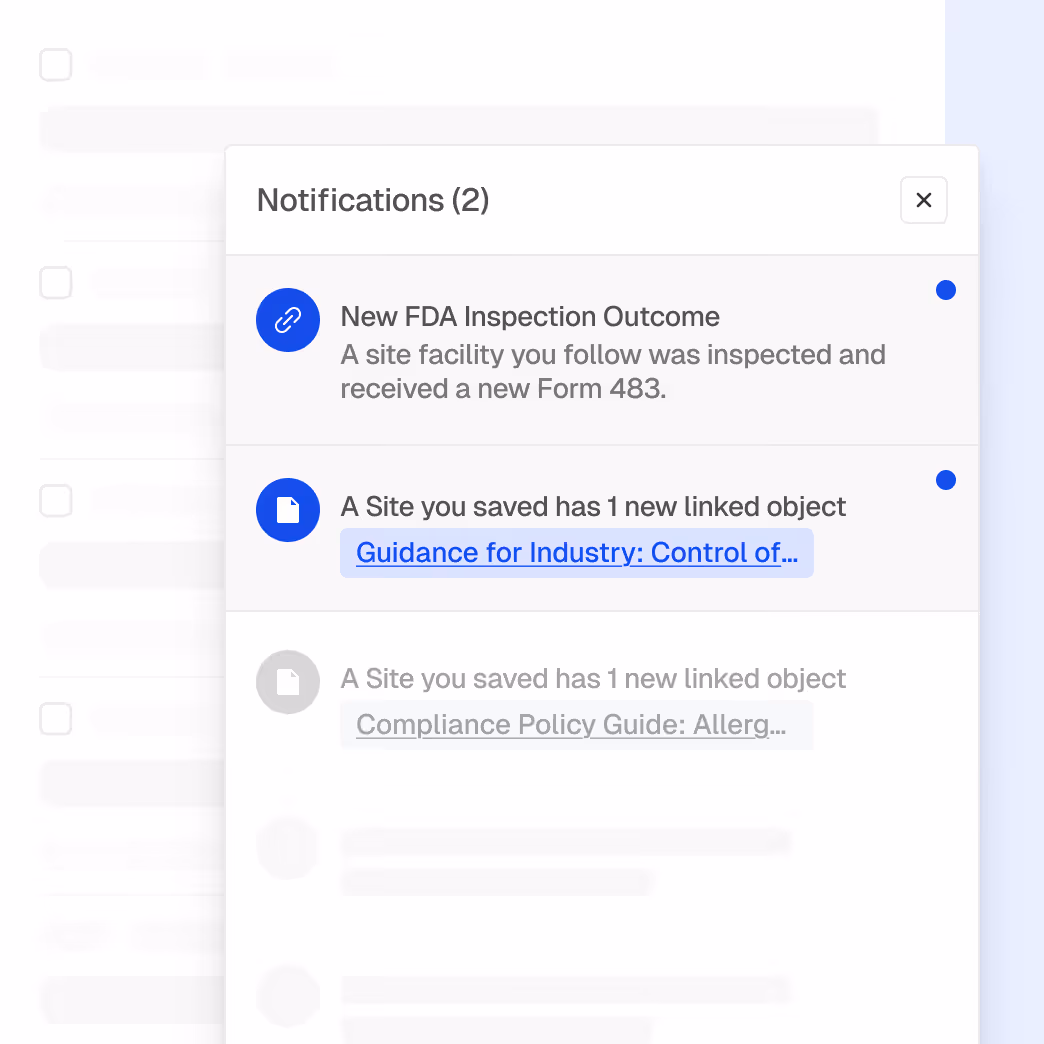 Notification panel showing two unread alerts: new FDA inspection outcome and a new linked object titled 'Guidance for Industry: Control of'.