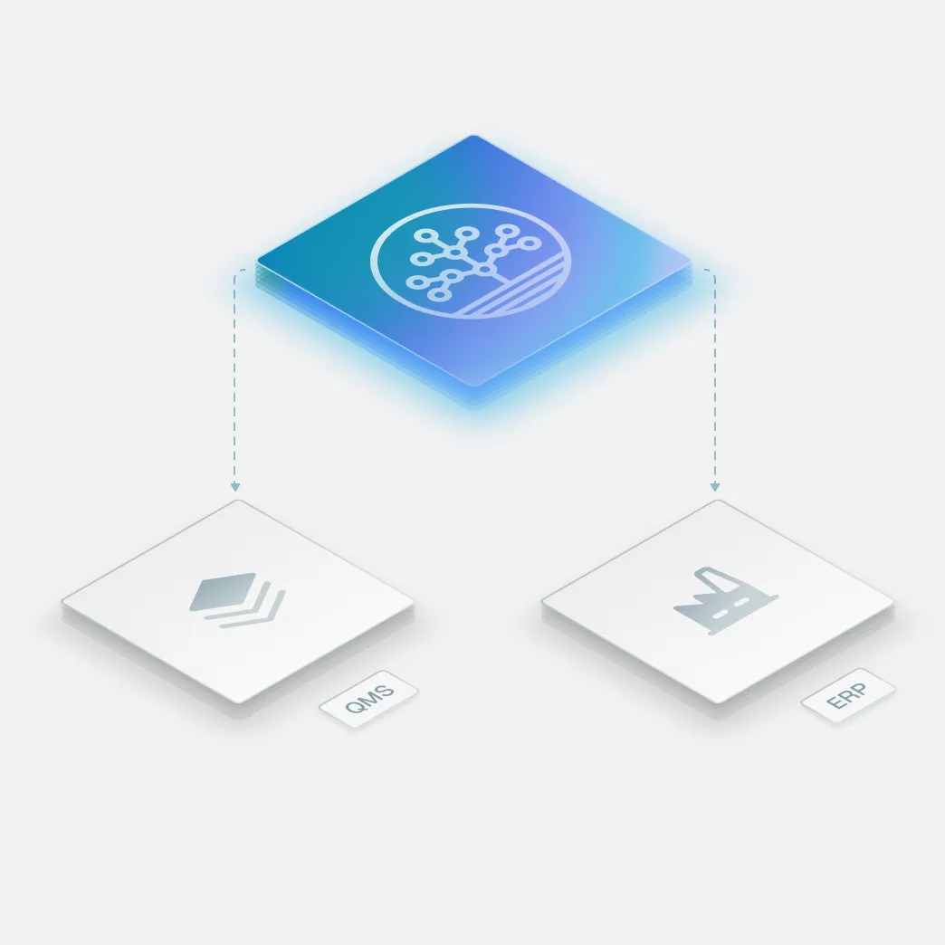 Blue square block with a network tree icon connected by dotted lines to two white blocks labeled QMS with layered shapes and ERP with a factory icon.
