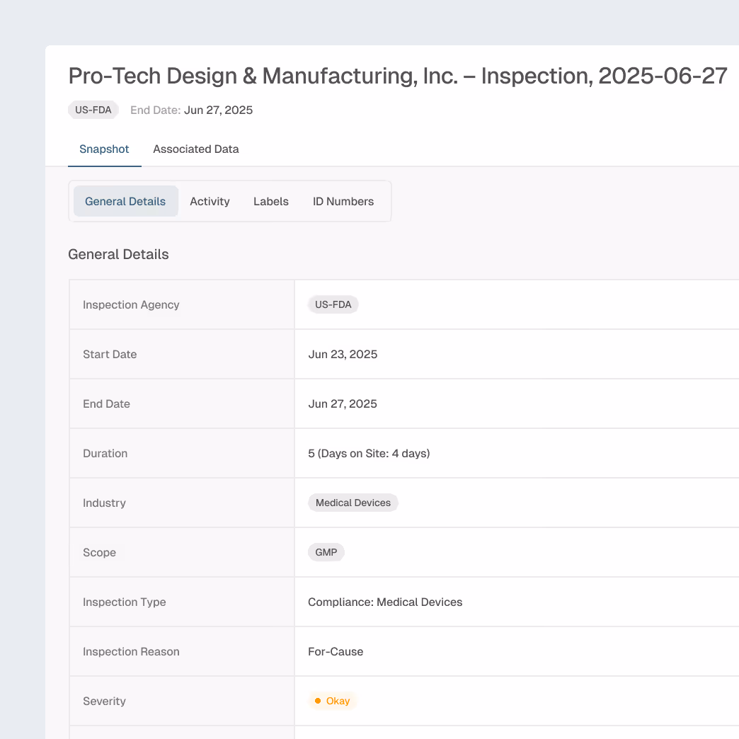 Inspection report summary for Pro-Tech Design & Manufacturing by US-FDA, showing inspection dates from June 23 to June 27, 2025, in the medical devices industry with a severity rating of Okay.