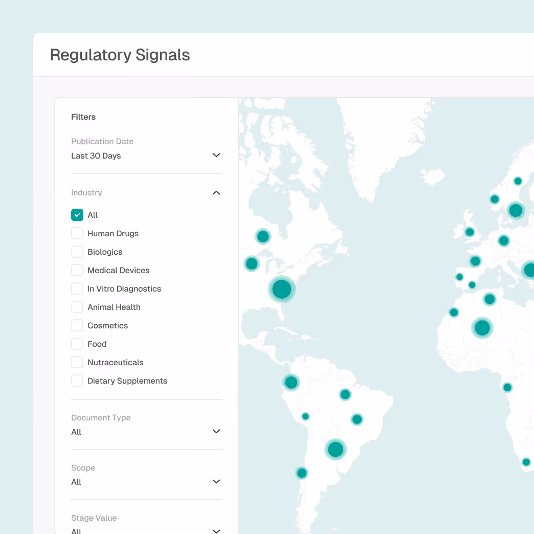 Regulatory Signals dashboard showing filters for publication date, industry categories, document type, scope, and stage value alongside a world map with data points.