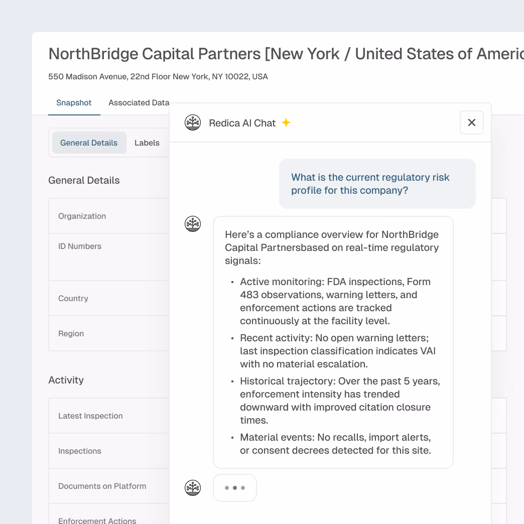 Screenshot of a compliance chat for NorthBridge Capital Partners showing monitoring and regulatory risk details including FDA inspections, warning letters, and enforcement actions.