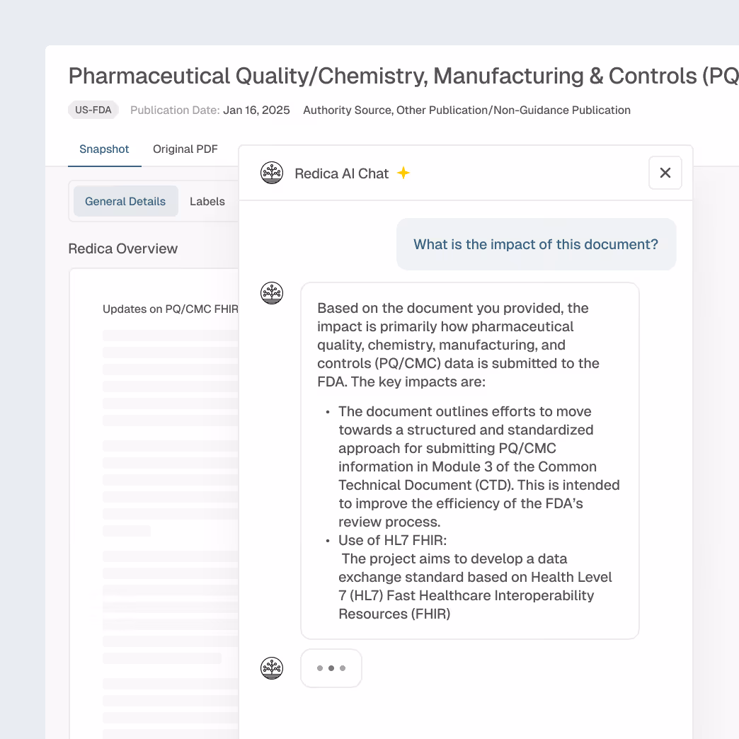Screenshot of a Redica AI Chat interface discussing the impact of a pharmaceutical quality document, highlighting efforts to standardize PQ/CMC data submission to FDA using HL7 FHIR standards.