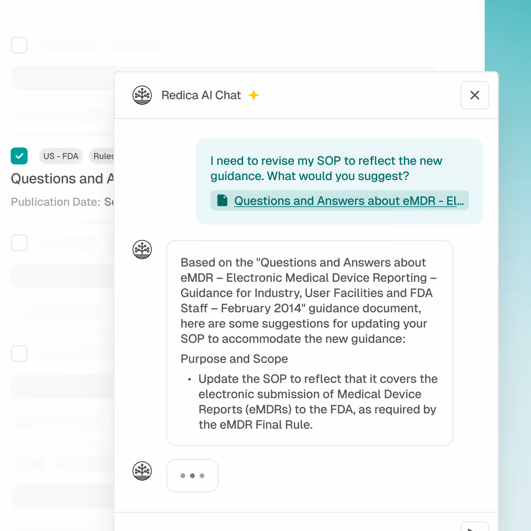 Chat interface of Redica AI Chat showing a user asking about revising SOP for new guidance and the AI providing suggestions based on FDA eMDR guidance.