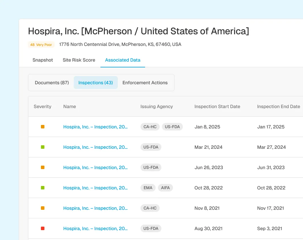 Table listing inspections of Hospira, Inc. in McPherson, USA, showing severity, issuing agency, and inspection dates from 2021 to 2025.