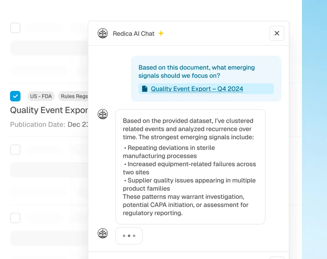 Chat interface of Redica AI Chat showing a user asking about emerging signals from a document, with the chatbot responding about recurring deviations in sterile manufacturing, equipment failures, and supplier quality issues.
