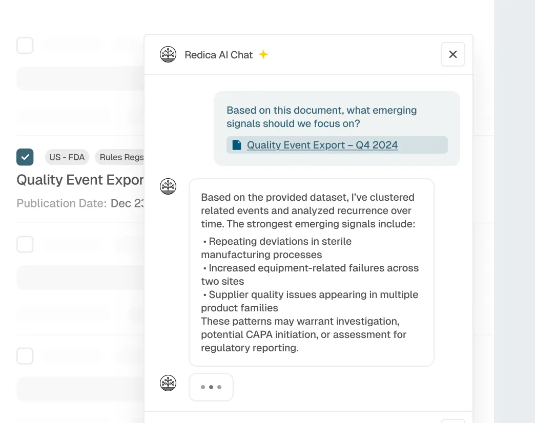 Chat window of Redica AI Chat showing analysis of Quality Event Export document for Q4 2024 with emerging signals listed as deviations in sterile manufacturing, equipment failures at two sites, and supplier quality issues across product families.