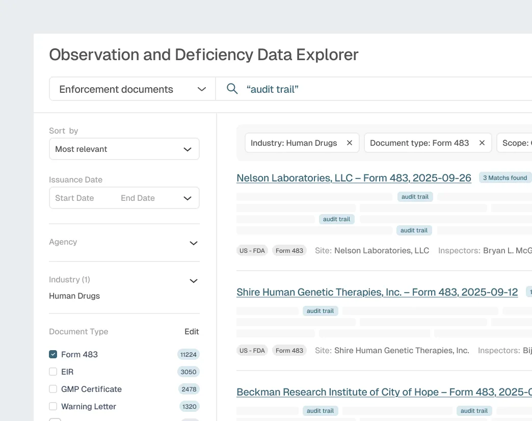 Screenshot of Observation and Deficiency Data Explorer showing search filters for enforcement documents related to human drugs with Form 483 selected, listing results with audit trail mentions.