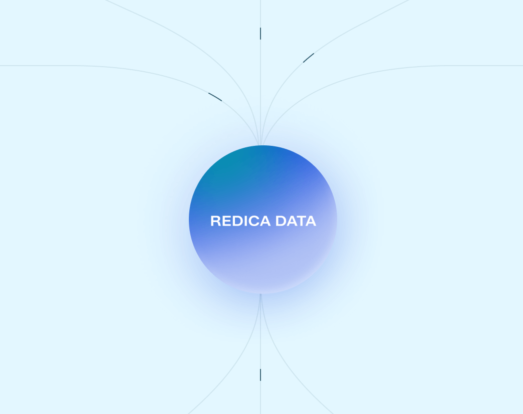 Blue and purple gradient sphere with the text 'REDICA DATA' in white at the center of a light blue background with subtle curved lines.