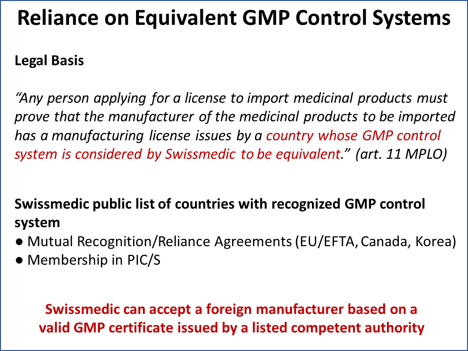 Swissmedic Reliance on Equivalent GMP Control Systems