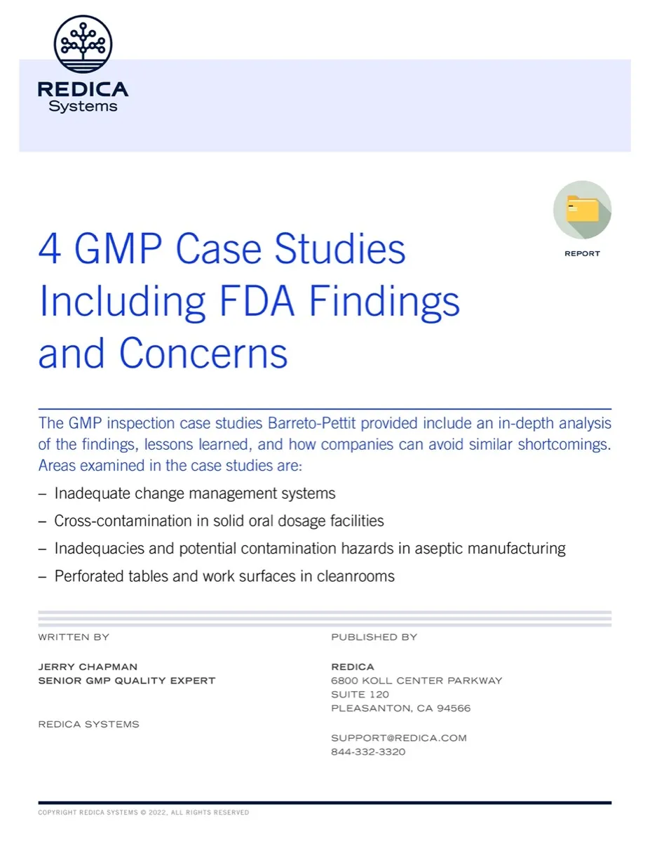 First page of the Report "4 GMP Case Studies Including FDA Findings and Concerns"