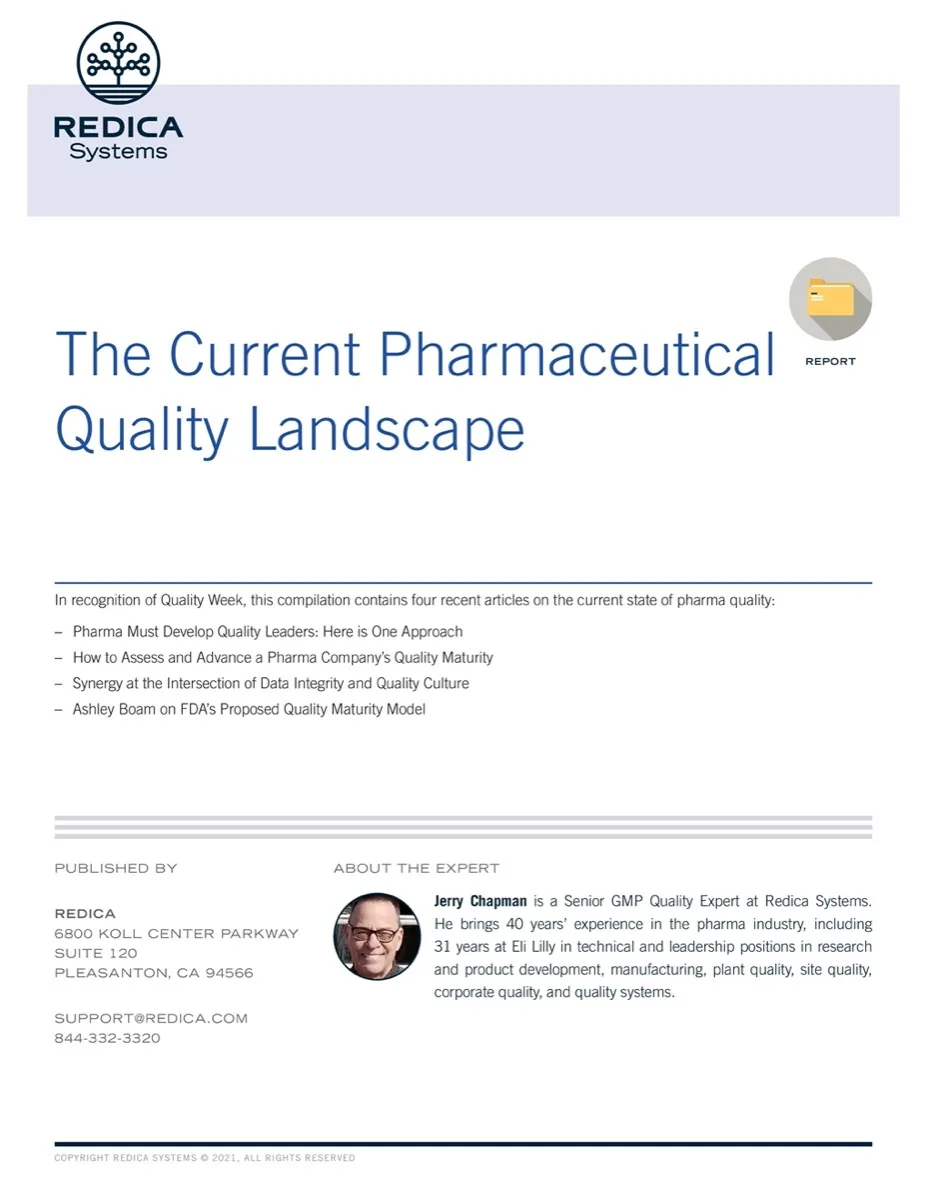 Graphic showing the first page of the Report "The Current Pharmaceutical Quality Landscape"