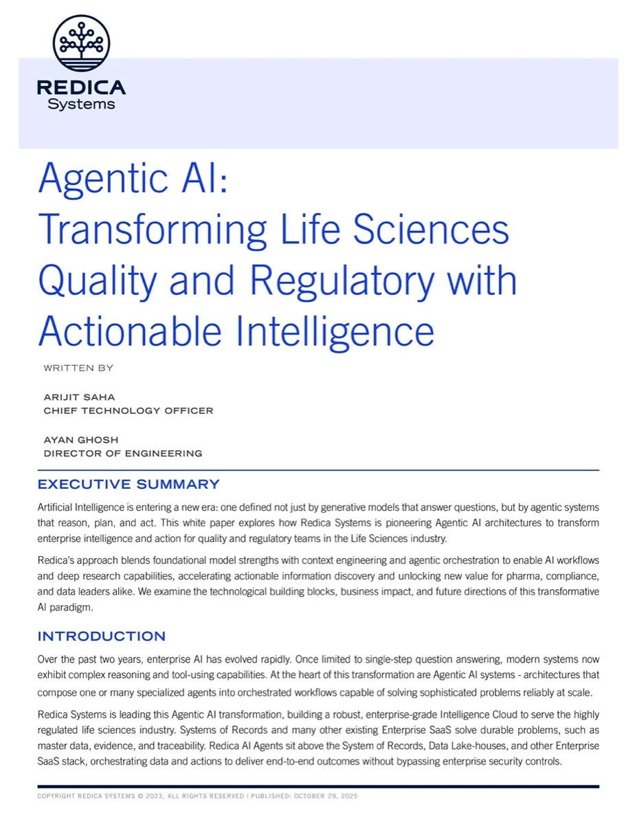 Graphic showing the first page of the White Paper "Agentic AI: Transforming Life Sciences Quality and Regulatory with Actionable Intelligence"