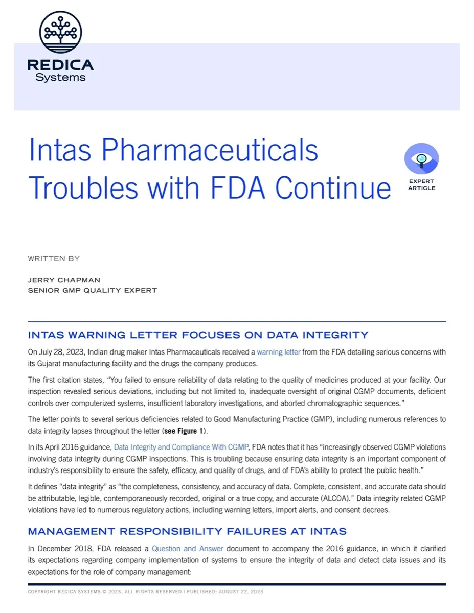 Graphic showing the first page of the White Paper "Intas Pharmaceuticals’ Troubles with FDA Continue"