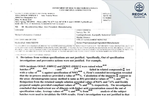 Tianish Laboratories Private Limited - Form 483, 2013-10-19