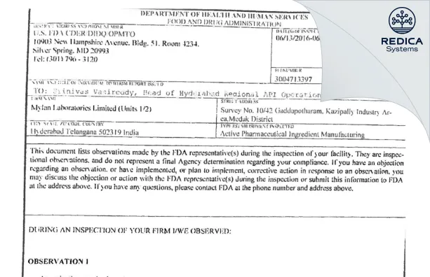 Tianish Laboratories Private Limited - Form 483, 2016-06-17