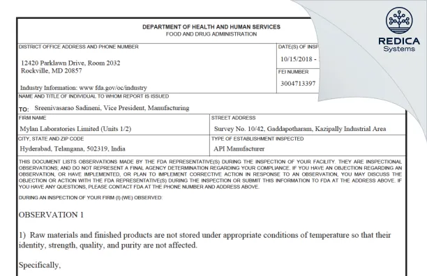Tianish Laboratories Private Limited - Form 483, 2018-10-19