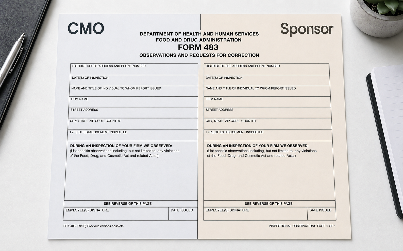Form 483 split between CMO and sponsor, illustrating shared accountability and regulatory risk in FDA inspection responses.