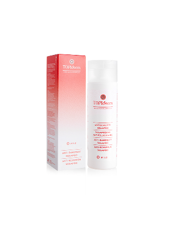Fles en verpakking van TOPIderm anti-roos shampoo met een wit en rood ontwerp.