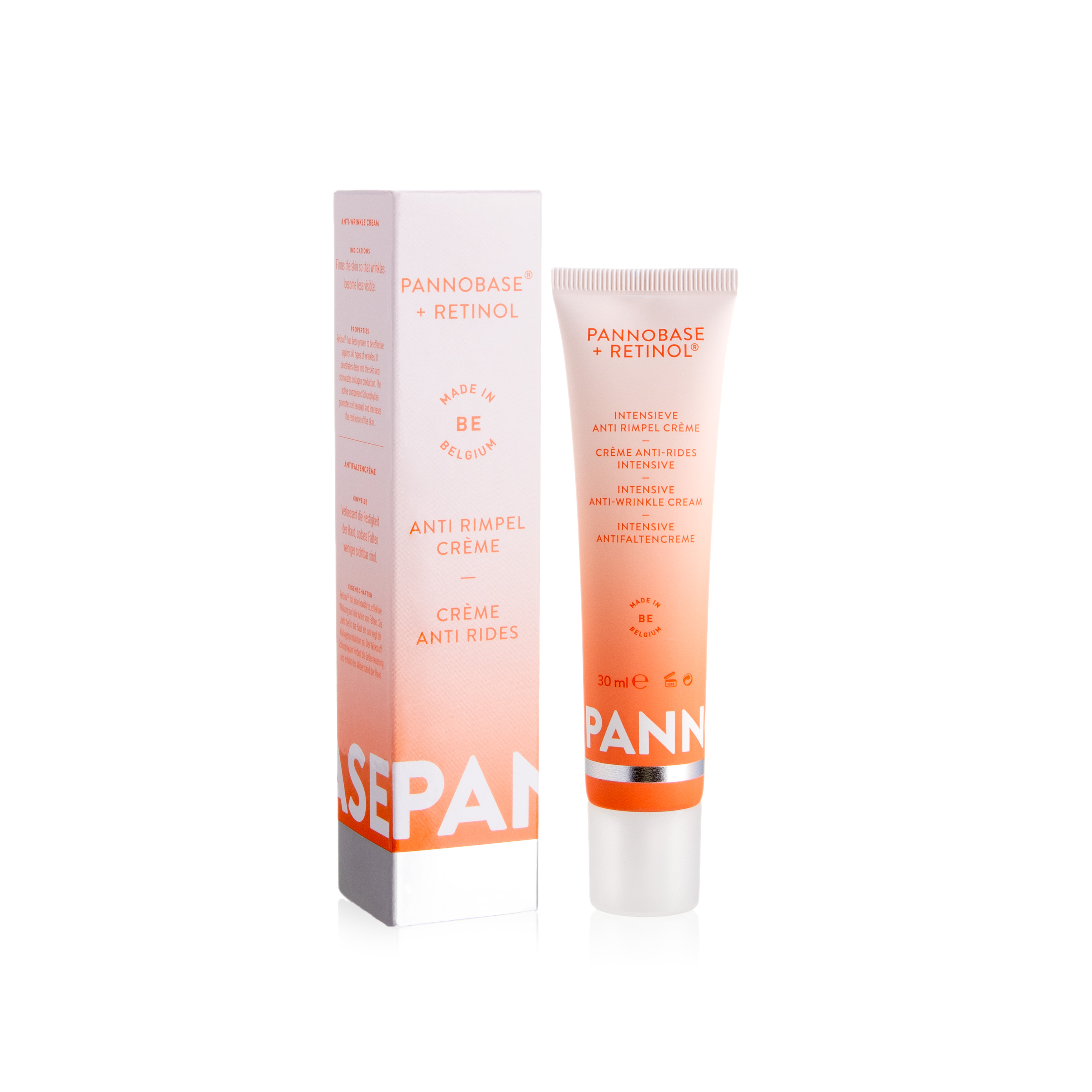 Tube en doos van Pannobase + Retinol anti-rimpel crème, 30 ml, met een witte en oranje kleurovergang.