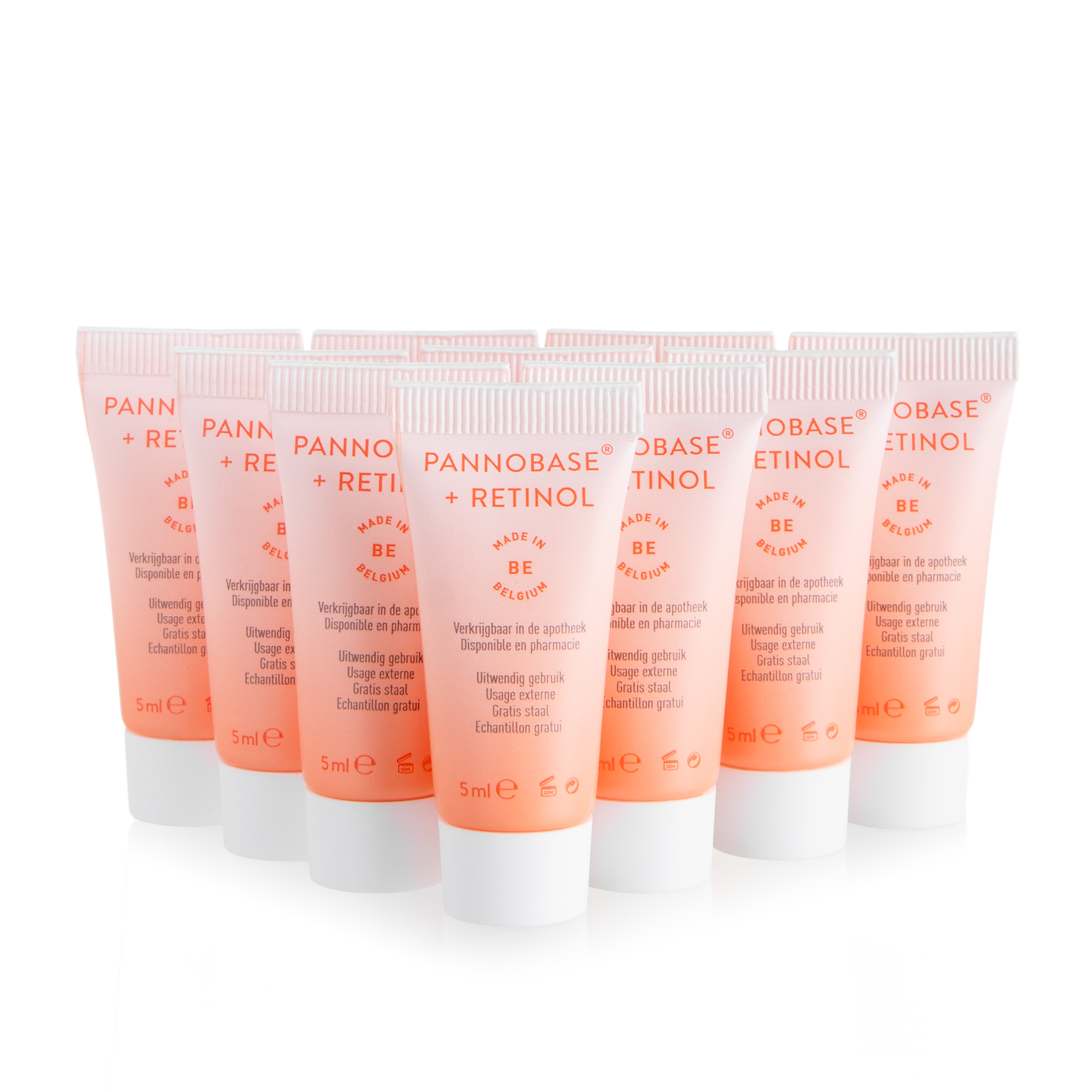 Tien tubes Pannobase + Retinol crème van 5 ml, gemaakt in België.