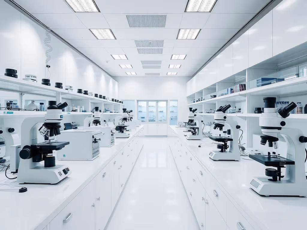 Bright and clean laboratory room with rows of white microscopes on both sides of the workspace.