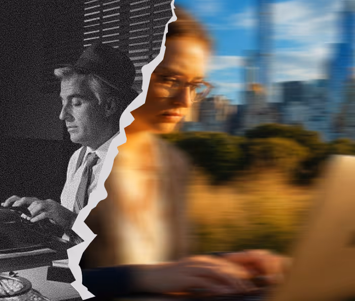 Composite image showing a black and white vintage photo of a man typing on a typewriter on the left and a blurred modern photo of a woman working on a laptop with a cityscape in the background on the right.