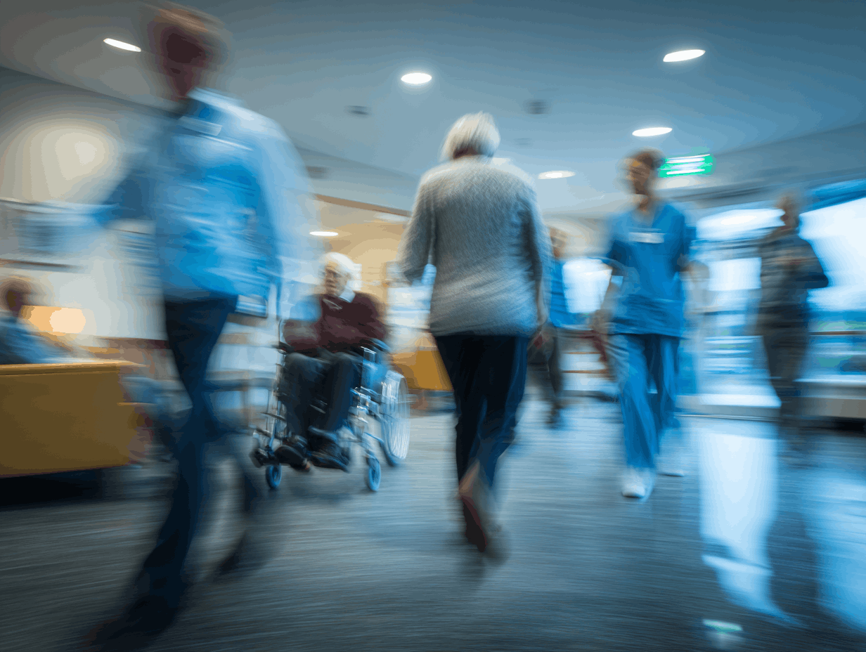 Blurred image of people in an office with large windows showing a cityscape outside.