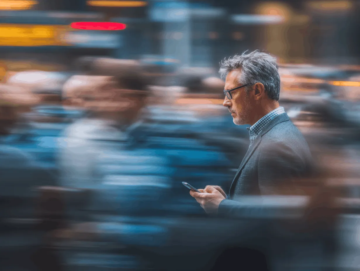 Man in white shirt using a tablet with blurred cityscape in the background and a blurred hand holding a newspaper.