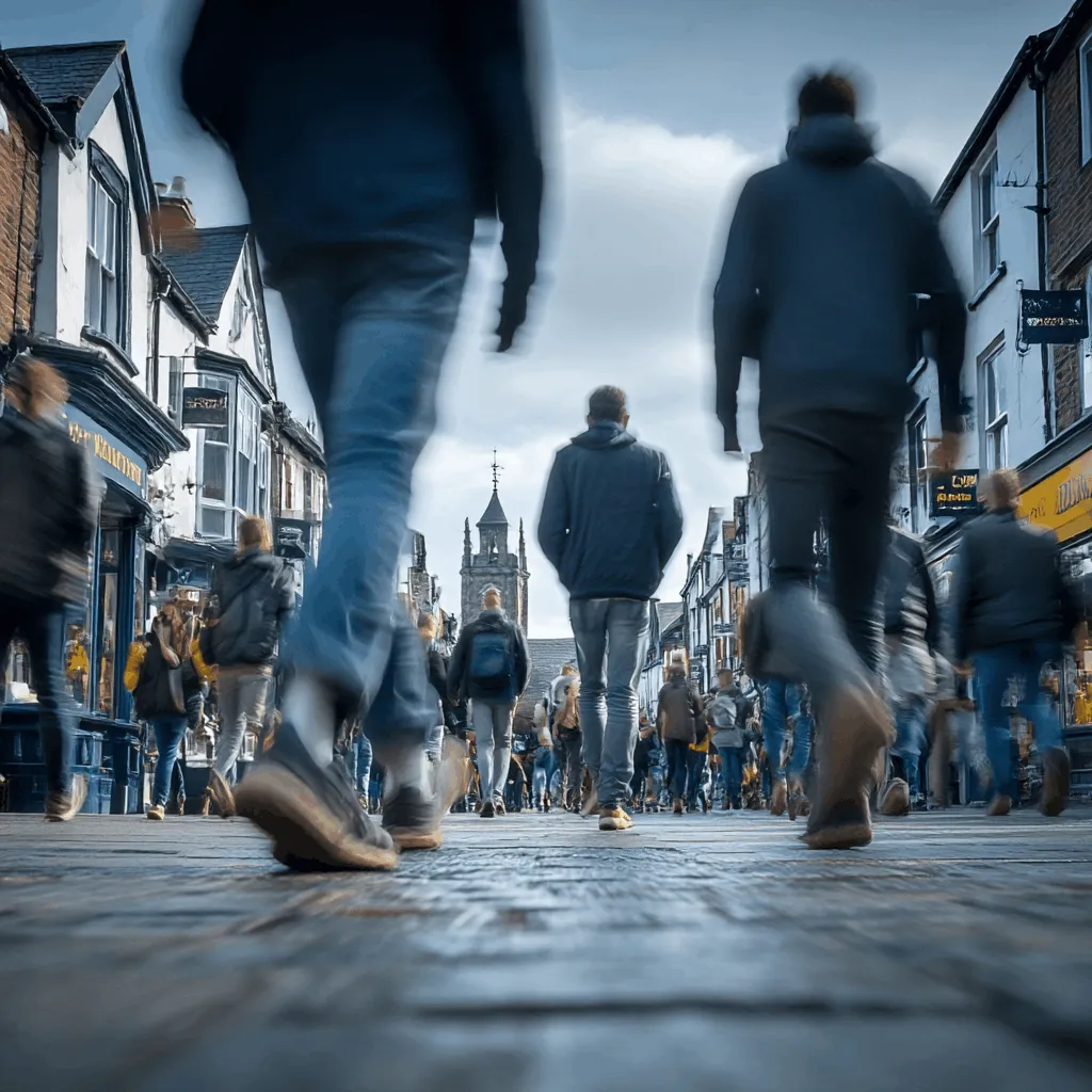 Blurred image of a person working at a desk with a computer in a bright office space with plants and city view through the window.