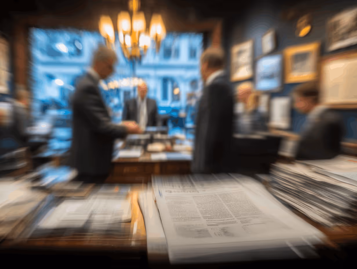 Blurred image of a person wearing glasses working on a laptop outdoors with city buildings in the background.