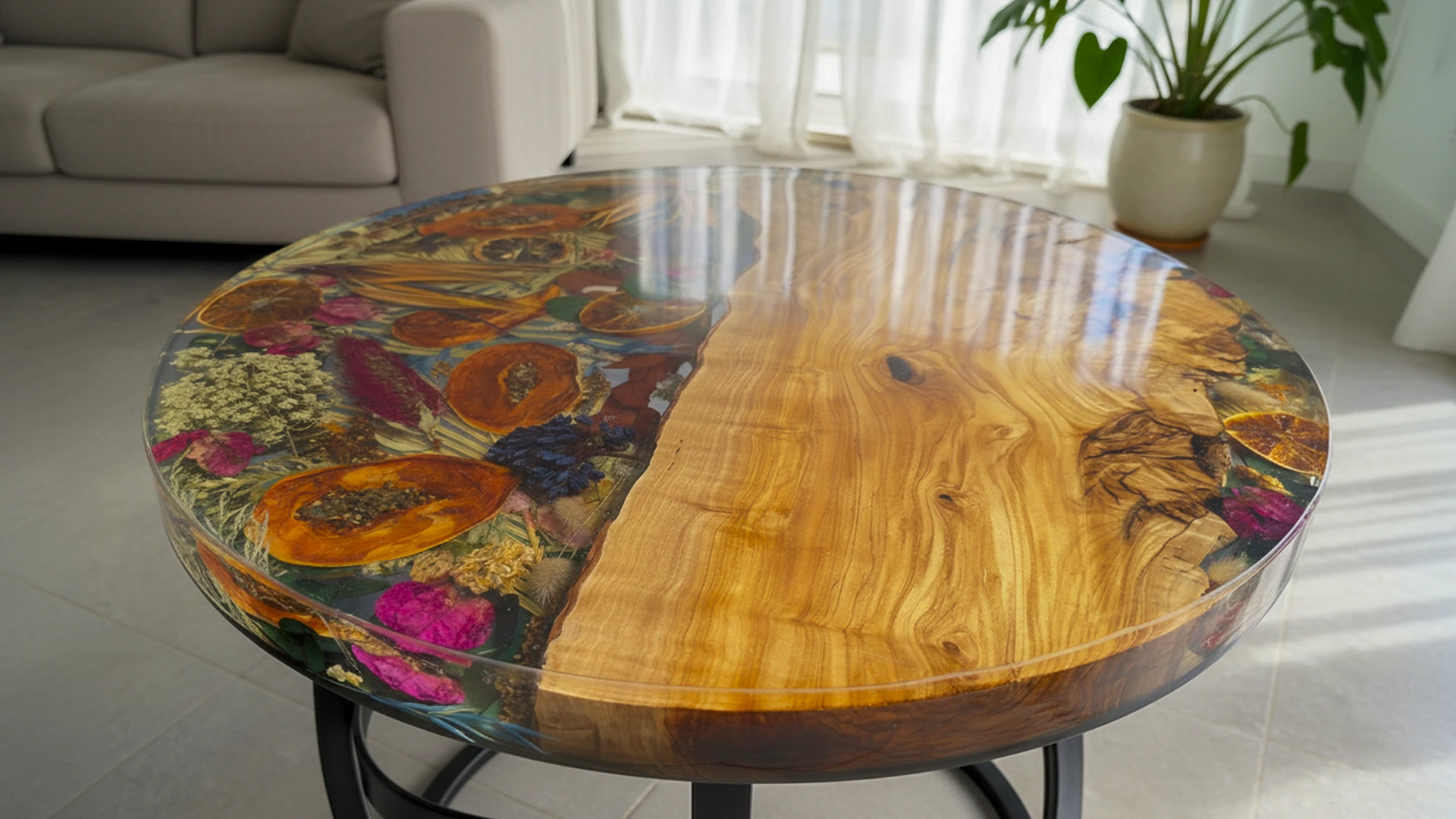 Mesa Fruits and Flowers de Aluna, vista completa con madera de olivo y resina fumé