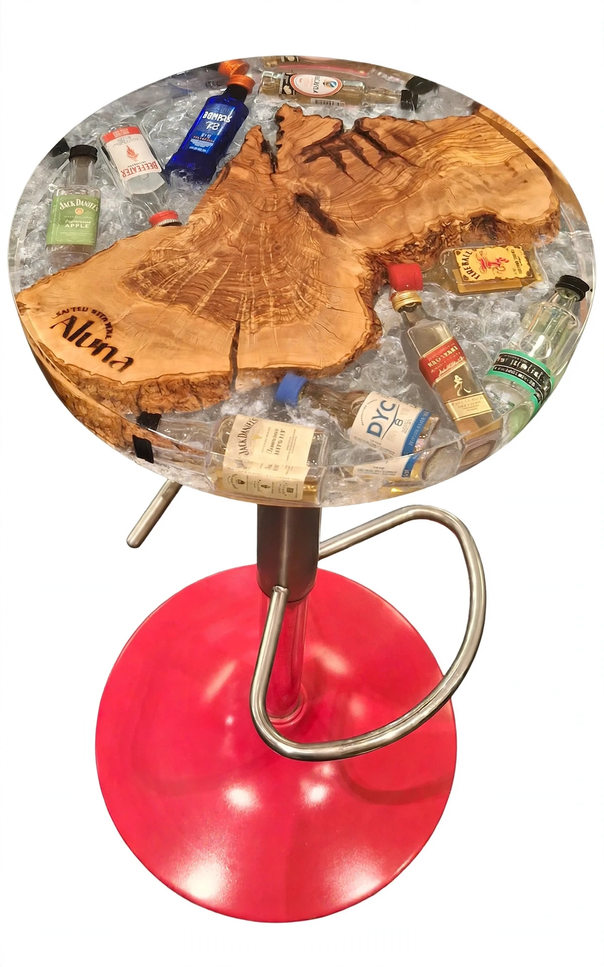 Taburete alto de bar de olivo y resina efecto hielo con botellitas en interior, hecho a mano Aluna Crafted Mallorca
