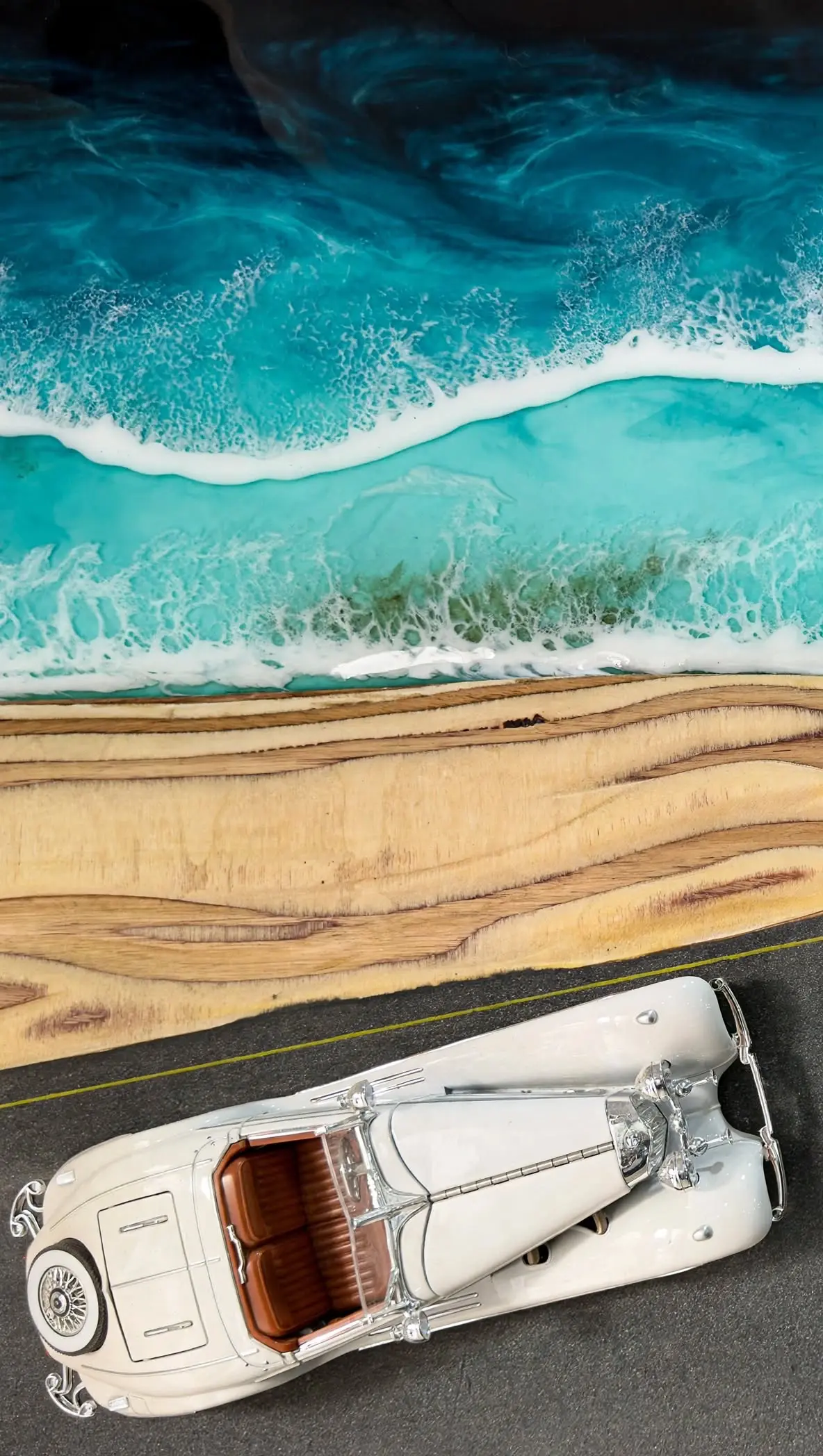 detalle coche vintage cuadro resina ocean art madera mallorca