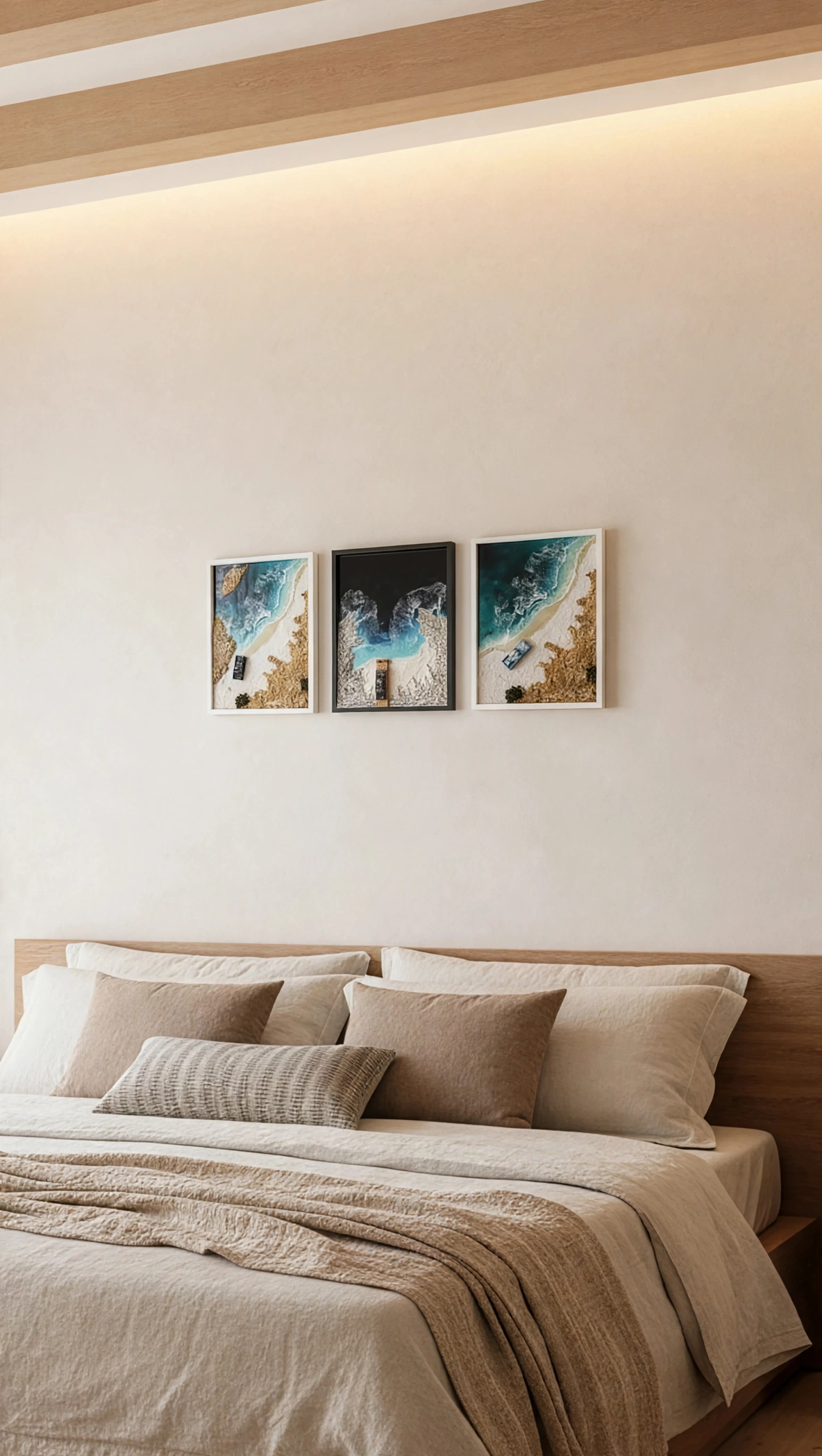 Trilogia cuadros playa resina 30x23 marco negro y blanco ambientada dormitorio