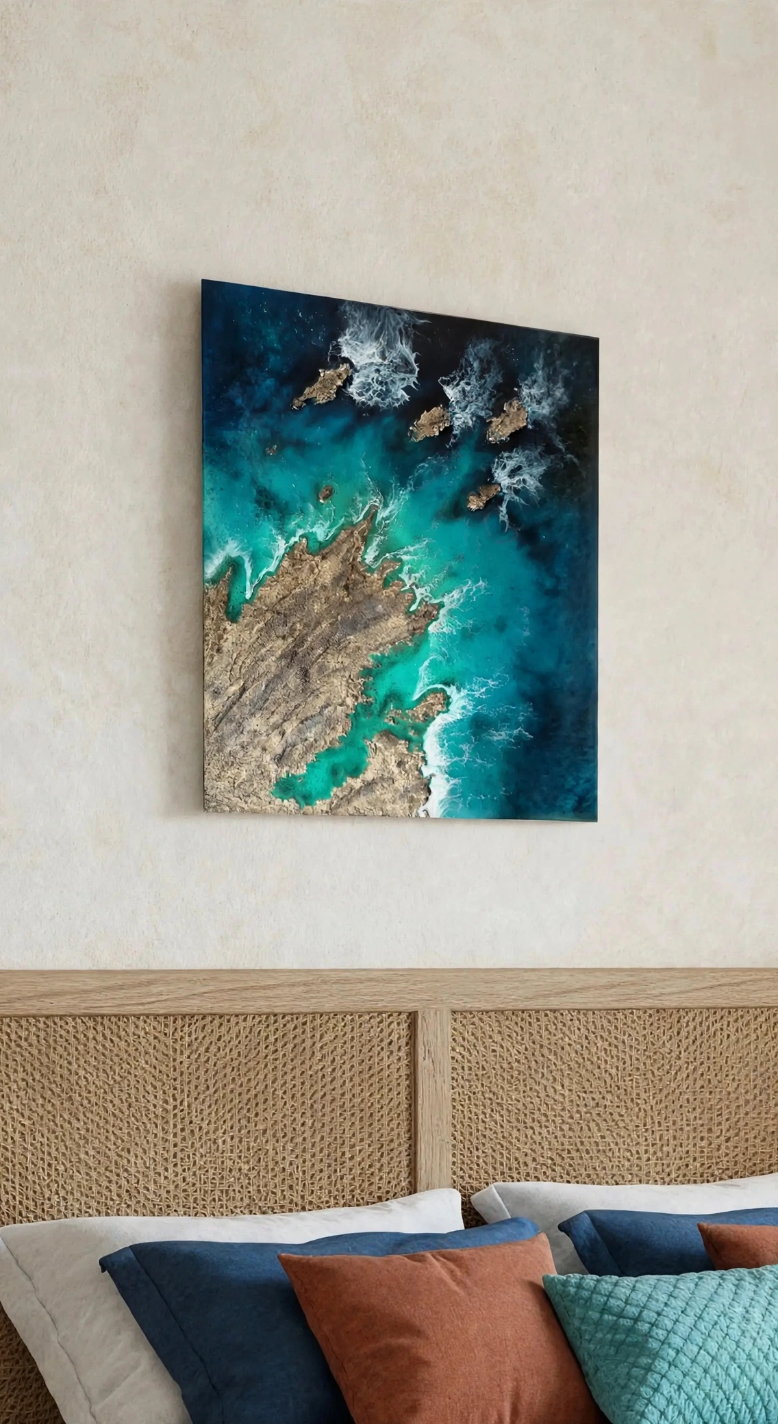 Cuadro de resina ocean art 40x40 dormitorio mediterráneo cabecero rattan playa turquesa