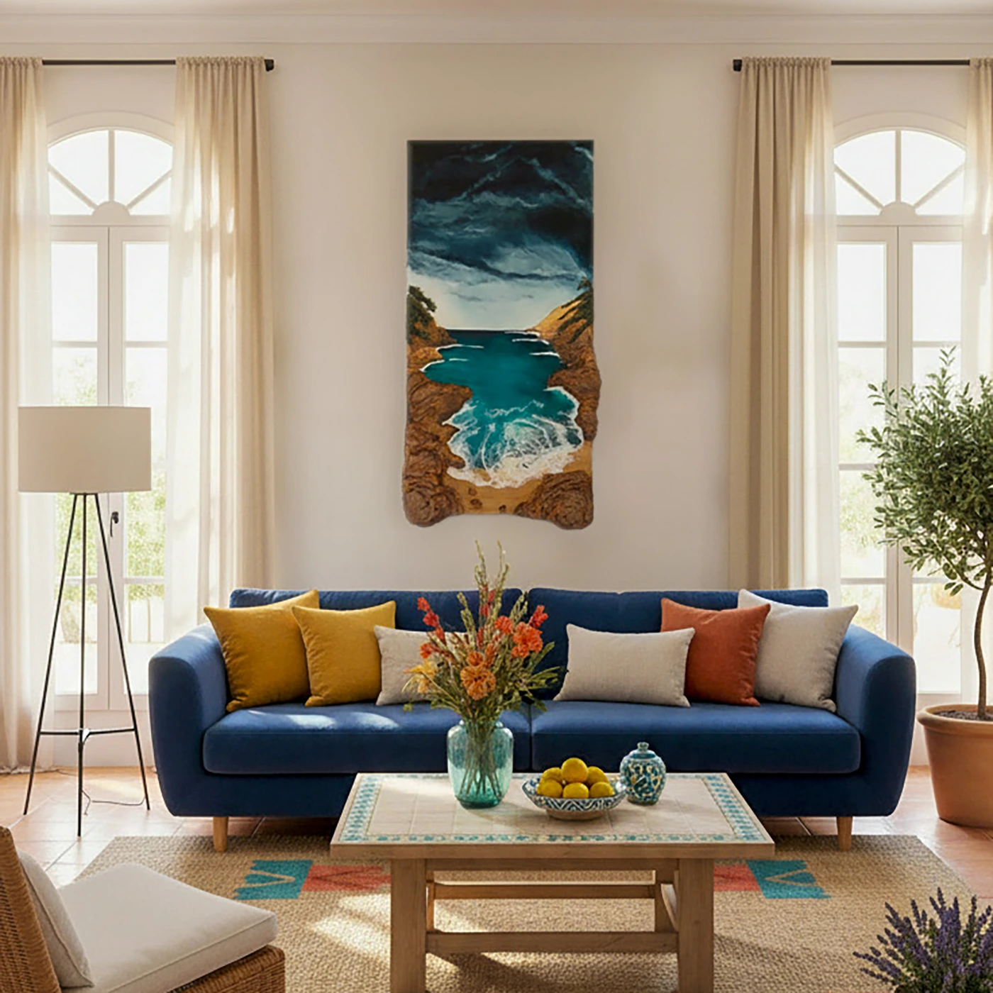 Cuadro resina bahía tormenta ambientado en salón mediterráneo luminoso con sofá azul y decoración natural