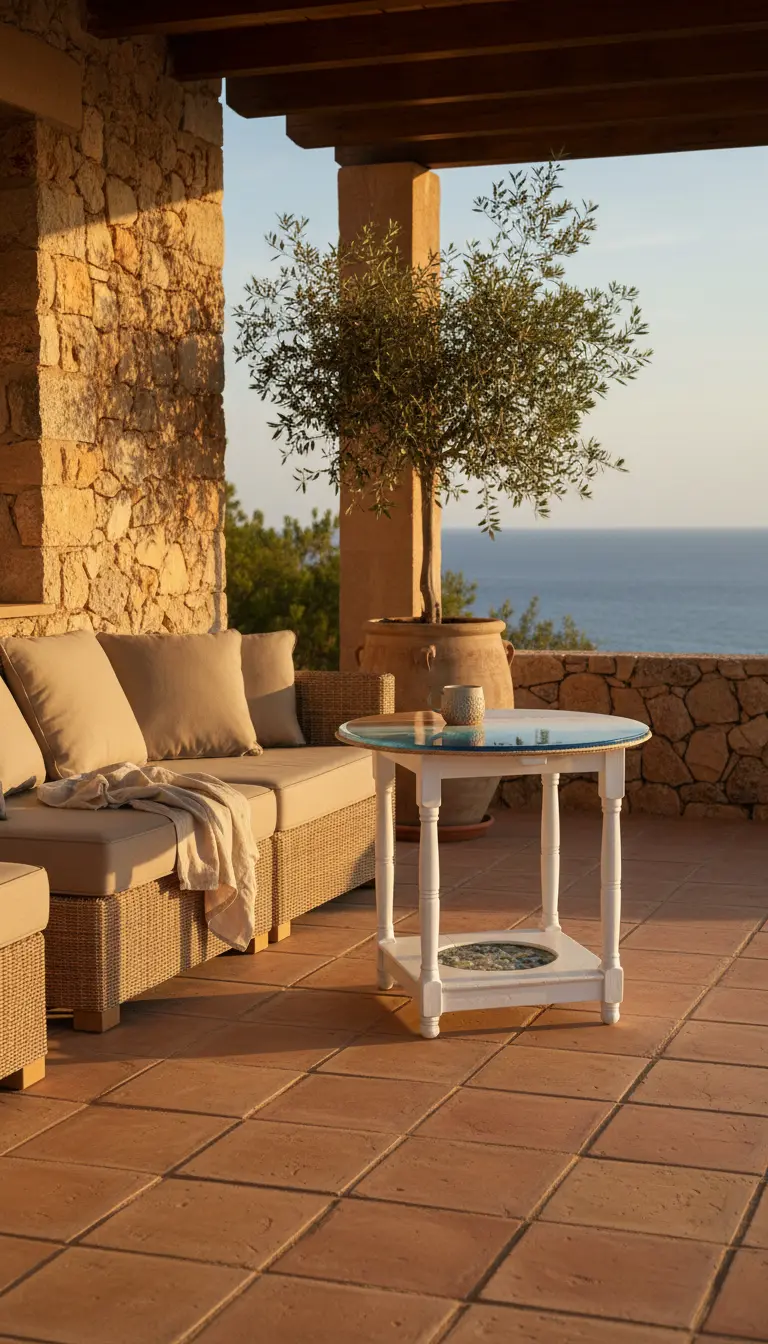 ALT: Mesa de resina océano Shell Beach en terraza de piedra mallorquina con sofá de mimbre y olivo vista mar, hecha a mano Mallorca - Aluna Crafted