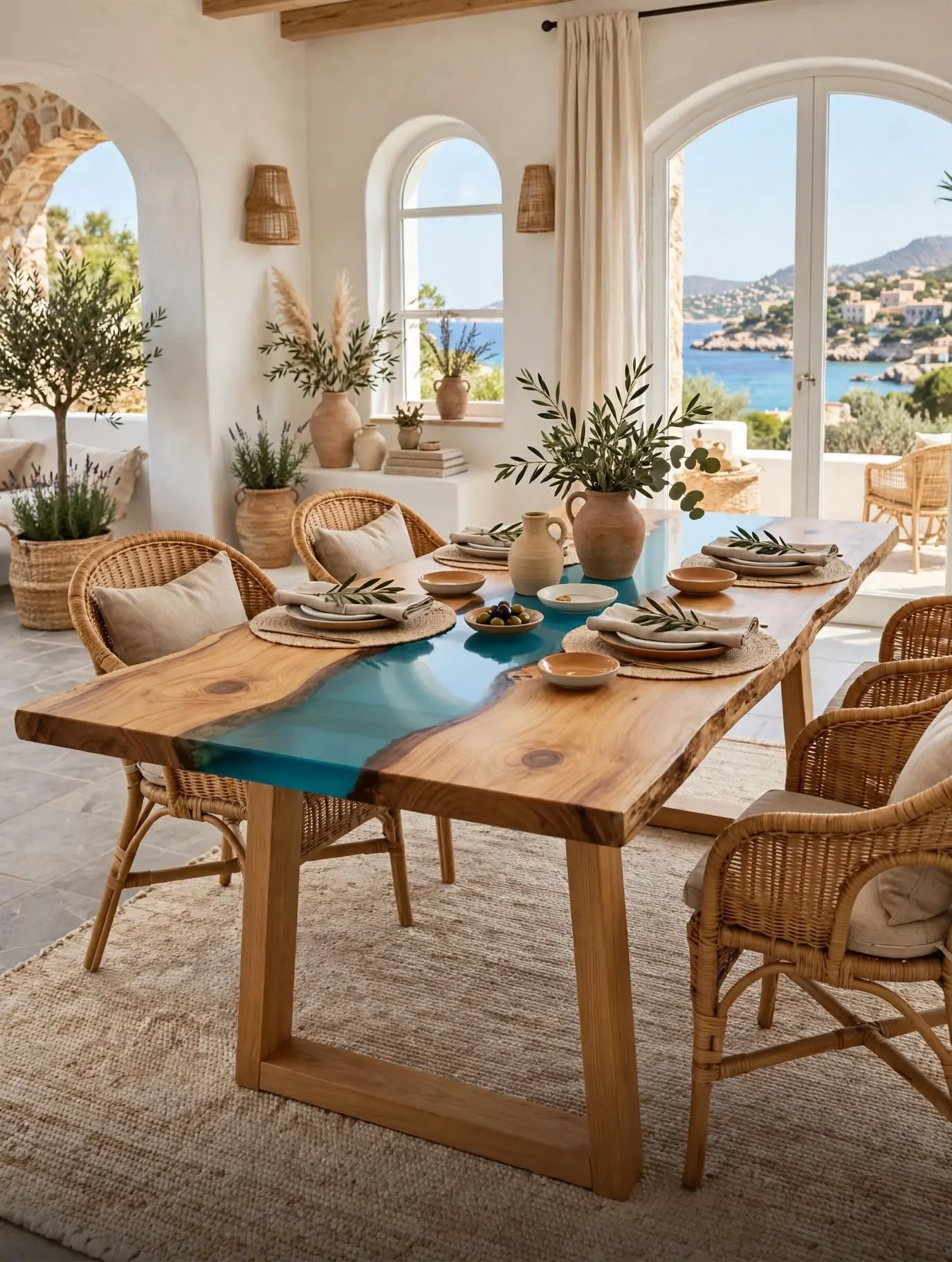 Mesa de centro río resina turquesa y madera natural bordes vivos ambientada salón mediterráneo - Aluna Crafted Mallorca
