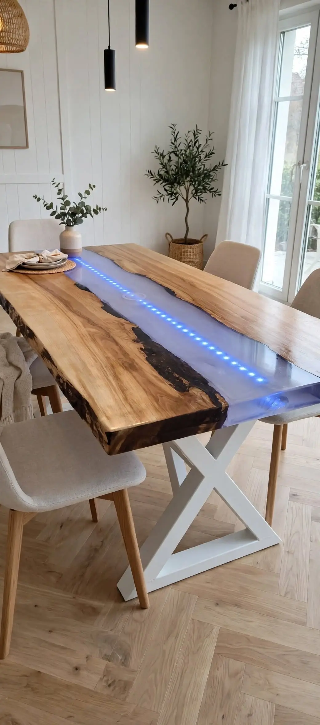 Mesa de comedor río resina transparente con tira LED azul integrada y madera olivo bordes vivos, patas X blancas, comedor nórdico luminoso - Aluna Crafted Mallorca