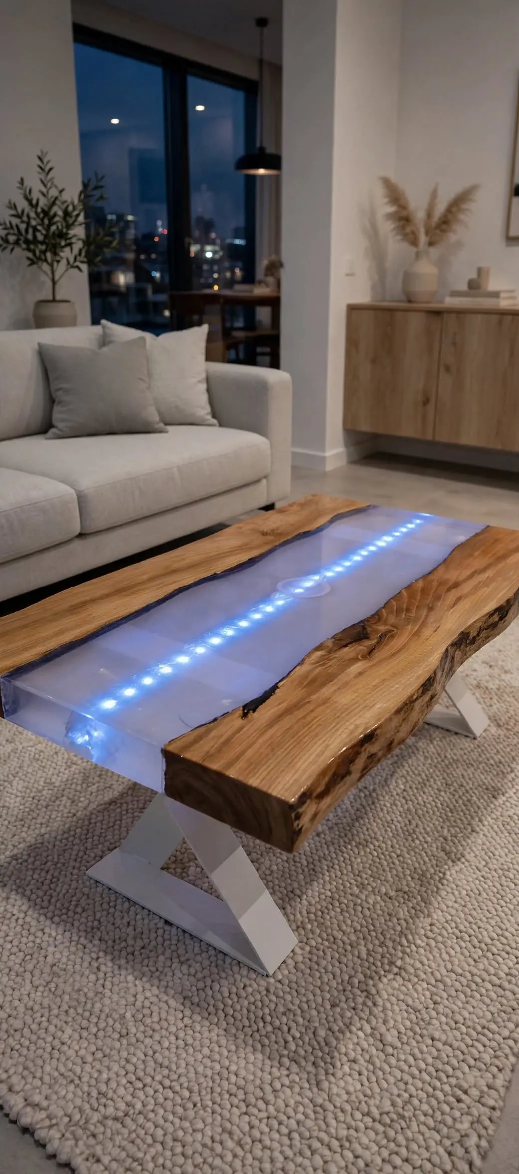 Mesa de centro baja río resina transparente con tira LED azul integrada y madera olivo bordes vivos, patas X blancas, salón moderno noche con sofá - Aluna Crafted Mallorca