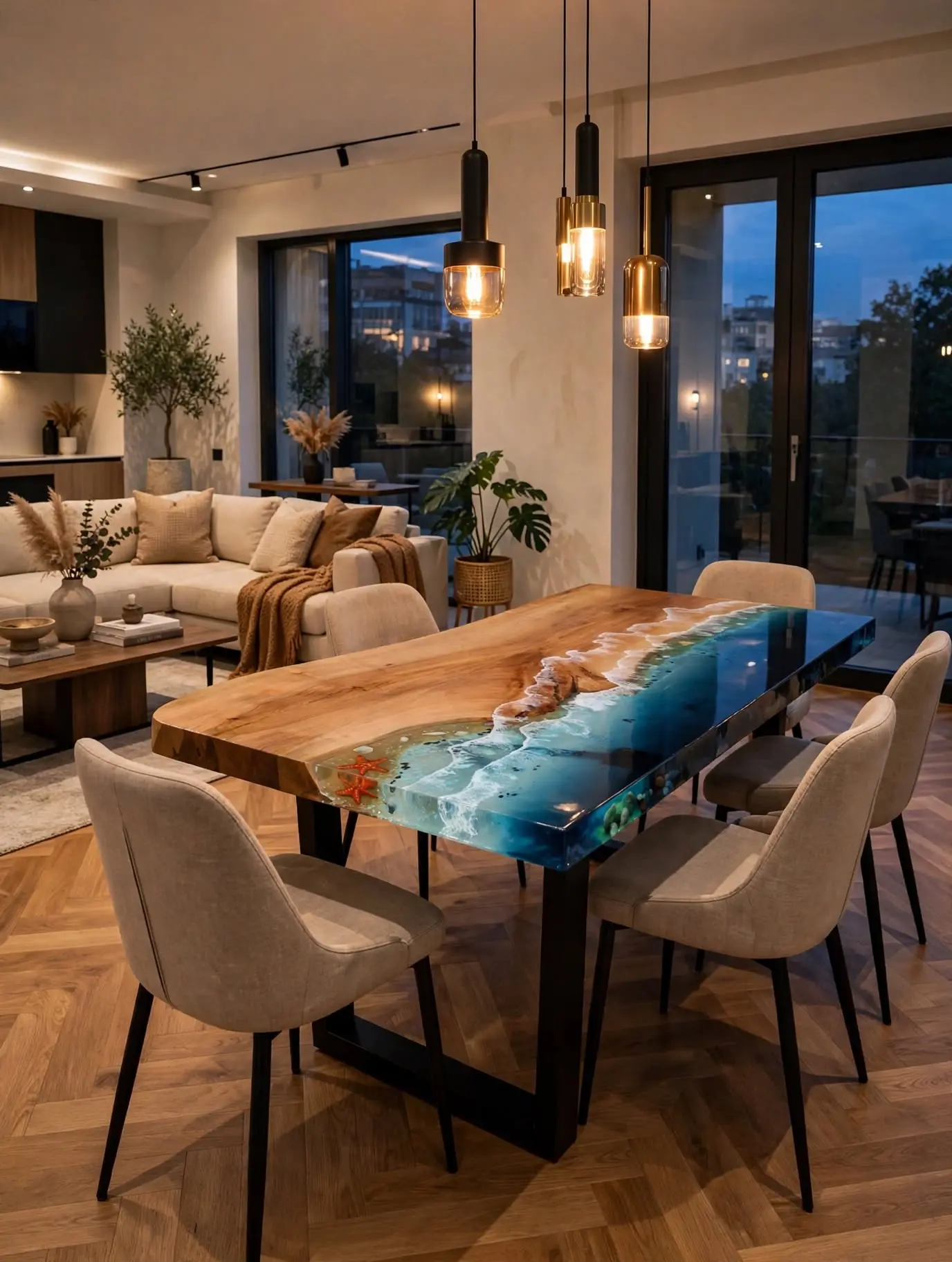 Mesa de resina con efecto mar y olas en comedor moderno de noche con lamparas colgantes - Aluna Crafted Mallorca