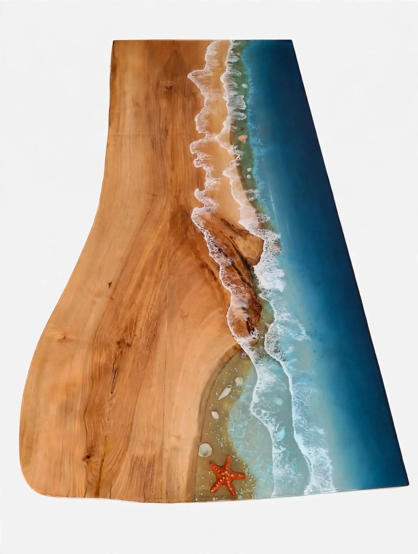 Mesa de resina transparente y madera noble con efecto mar y olas, playa con estrella de mar y conchas - Aluna Mallorca