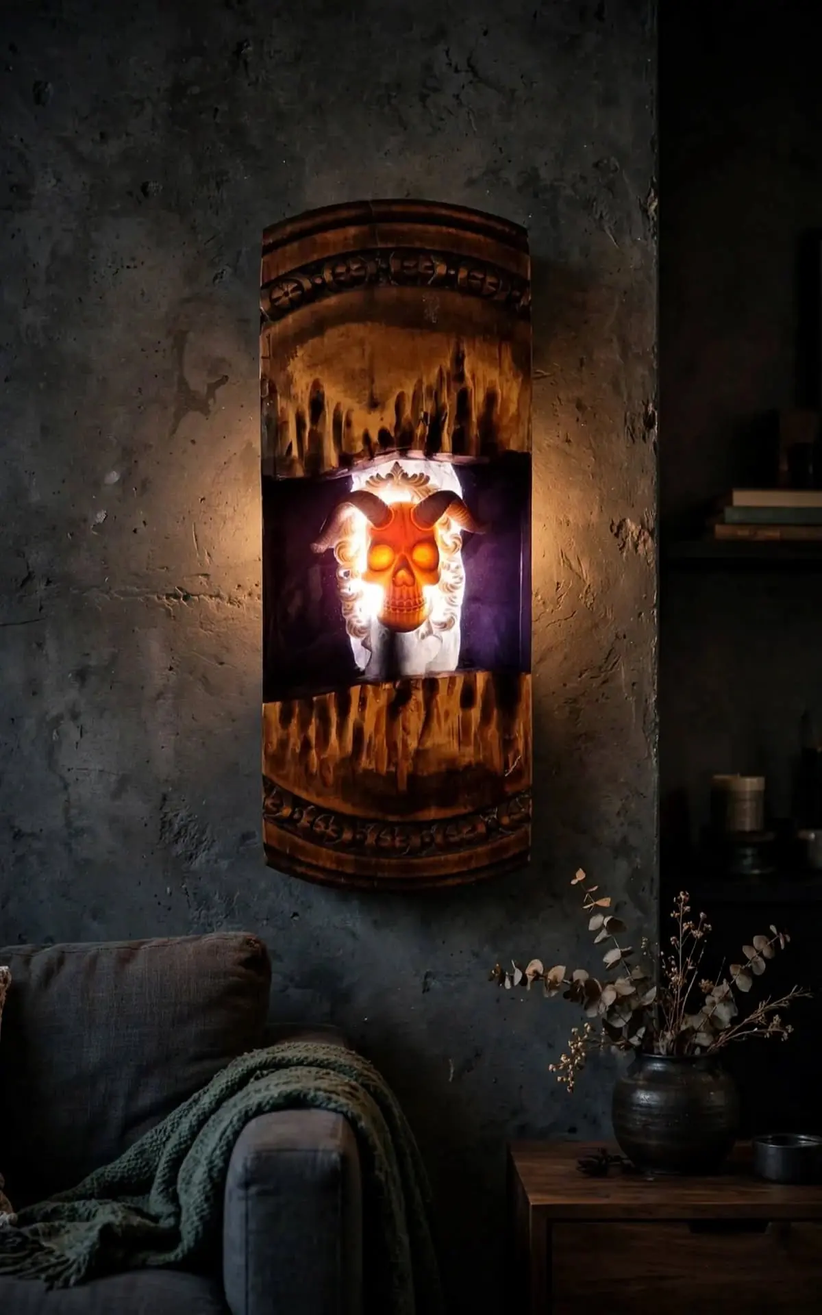 Lámpara de pared horror artesanal en resina y madera 25x50 cm encendida en salón oscuro sobre pared de hormigón con calavera con cuernos iluminada - vendida pero personalizable