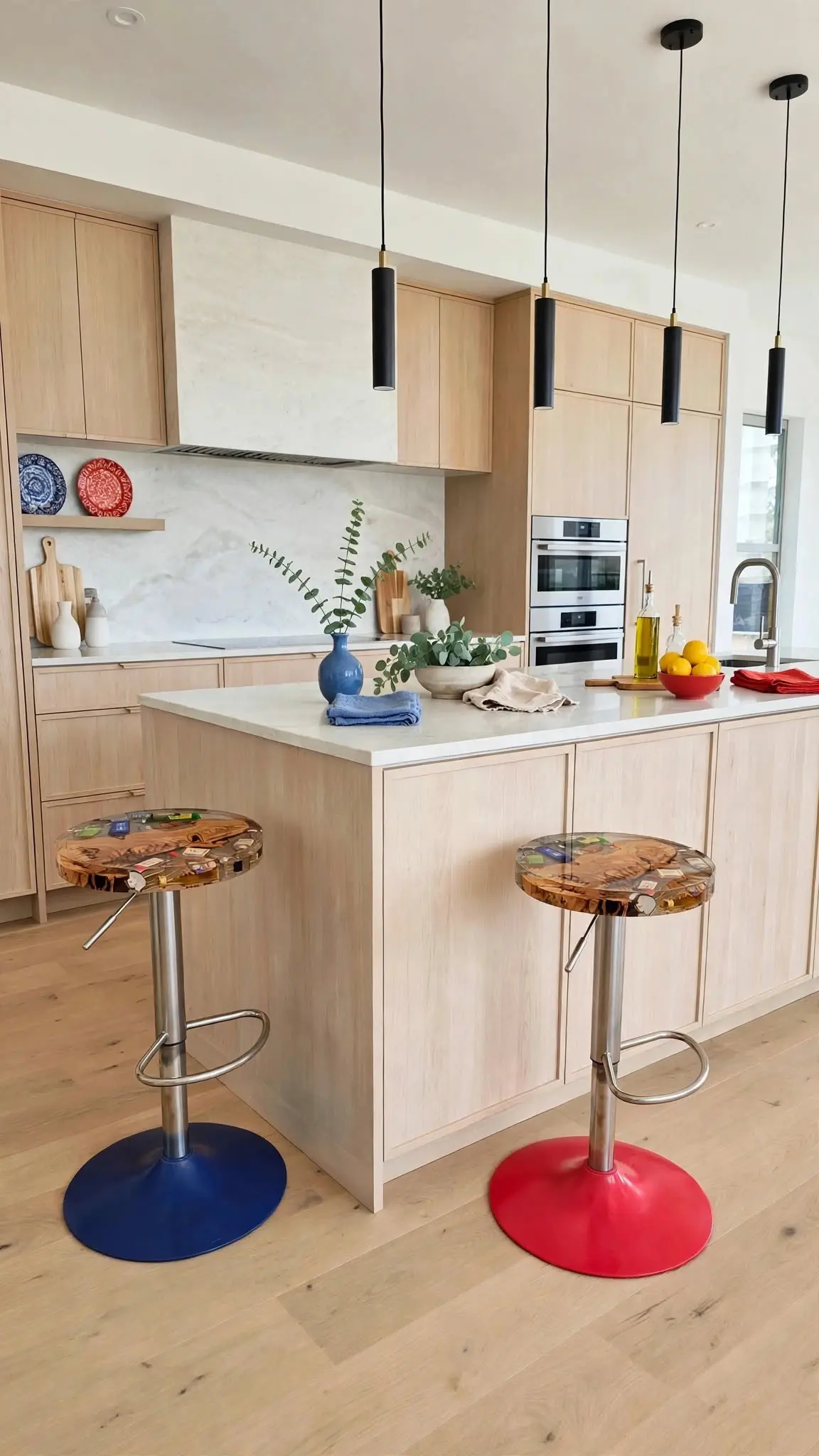 Dos taburetes de bar de madera de olivo y resina transparente con bases azules y rojas, ubicados en una cocina moderna con isla central – Aluna Crafted