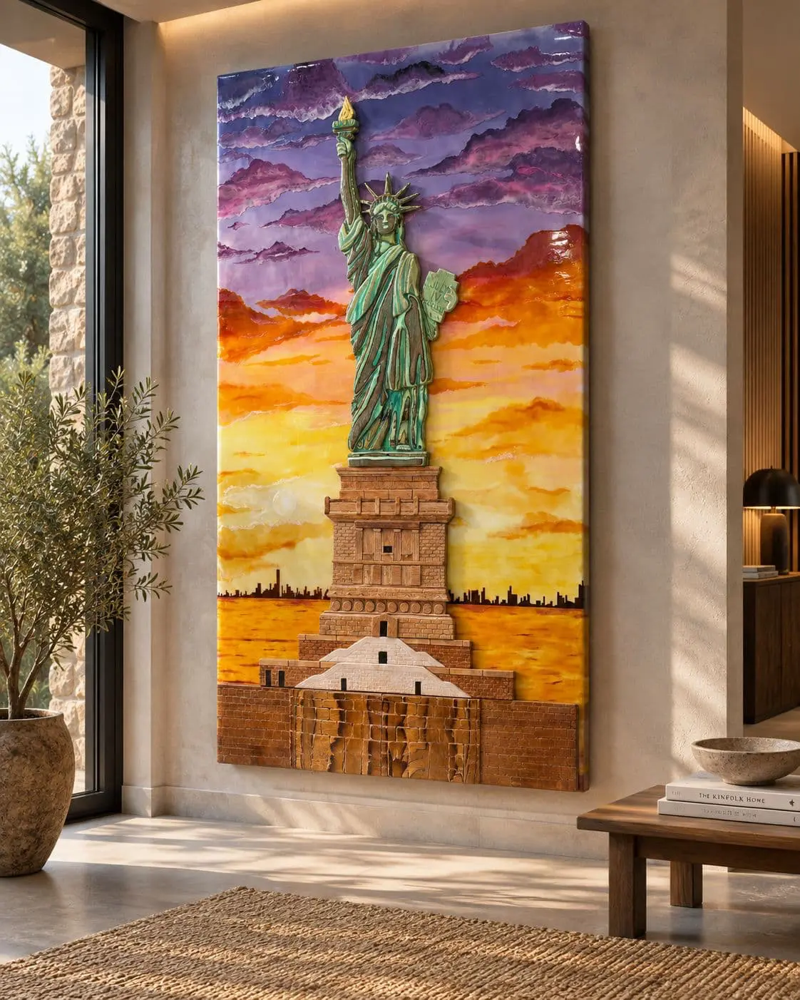 Mockup de cuadro 3D Estatua de la Libertad en madera laminada y resina epoxi con efecto atardecer lila y dorado, colgado en salón mediterráneo de lujo con luz natural, planta de olivo, ventana de piedra y decoración minimalista - arte mural Aluna Crafted Mallorca