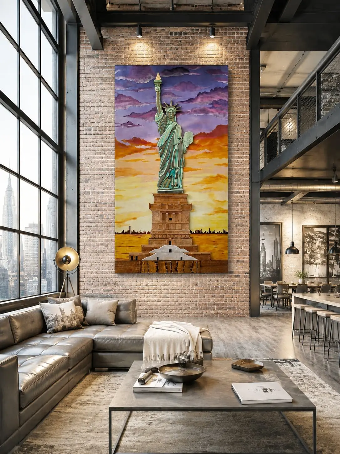 Mockup de cuadro 3D Estatua de la Libertad en madera laminada y resina epoxi efecto atardecer naranja y lila, colgado en loft industrial de New York con pared de ladrillo, ventanales con skyline Manhattan, sofá de cuero y decoración urbana - arte mural grande Aluna Crafted