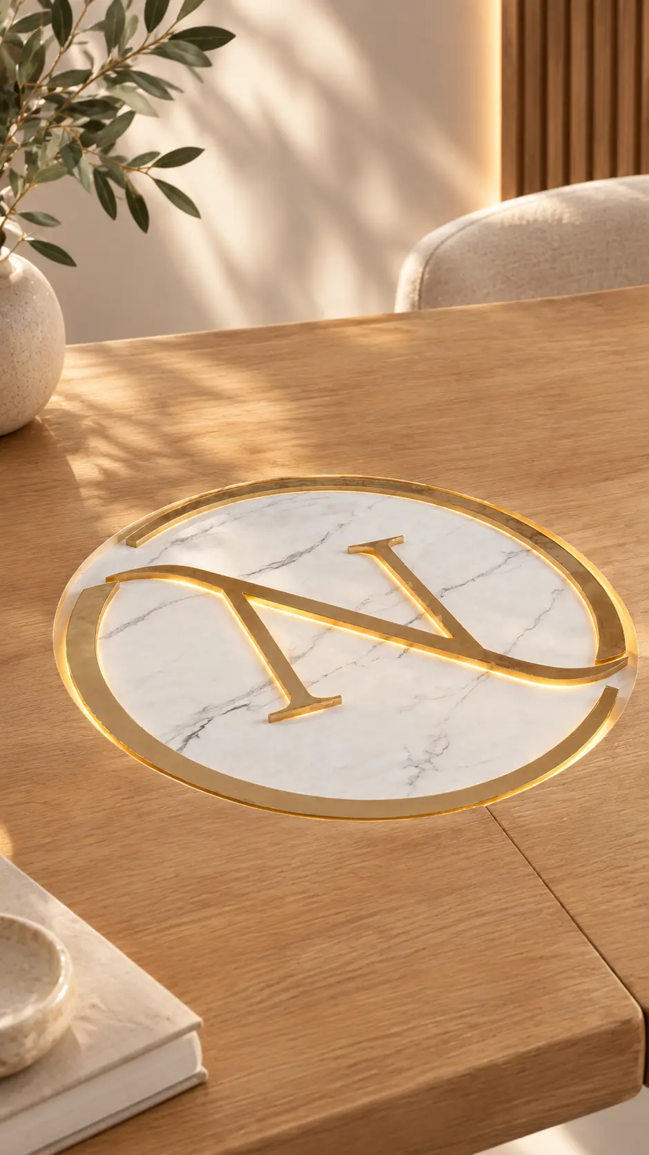 Logo letra N dorada en latón cepillado con iluminación LED cálida integrada, sobre base circular de mármol blanco veteado gris, colocado en mesa de roble claro con decoración minimalista y planta de olivo - diseño de identidad de marca de lujo creado por Aluna Crafted Mallorca